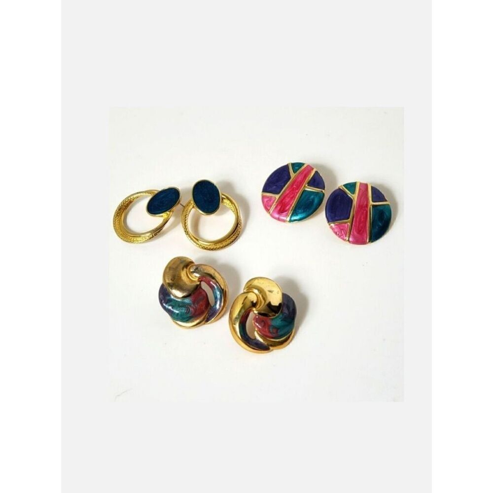 SET OF 3 Goldtone Enameled Pierced Earrings Don Lin